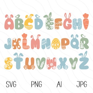 May include: An alphabet with Easter-themed decorations. Each letter is a different pastel color and has a bunny ear, egg, carrot, or bird design. The letters are in uppercase and are arranged in alphabetical order.