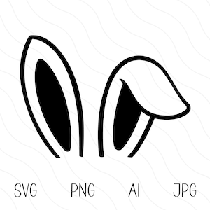 以下が含まれることがあります： 黒と白のウサギの耳のイラスト。耳は黒で縁取られ、白で塗りつぶされています。耳の内側は黒です。