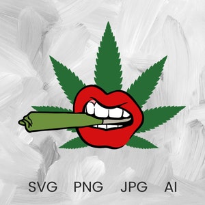 May include: A red mouth with white teeth biting down on a green marijuana joint. The mouth is surrounded by a green marijuana leaf.