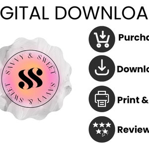 May include: Digital download graphic featuring a pink and orange circle with the text "Savvy & Sweet" and the letters "SS" in black. The graphic is surrounded by a white, textured circle. Below the graphic are four icons: a shopping cart, a download arrow, a printer, and a star rating.
