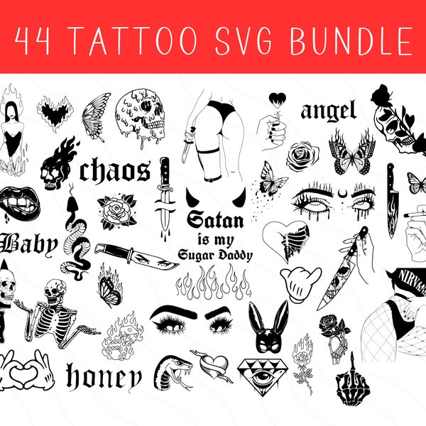 Flash Tattoo SVG Bundle |  Tattoo Clipart Cut Files For Cricut | Skeleton SVG | Traditional Rose | Flames | Dagger | Snake | Female Figure