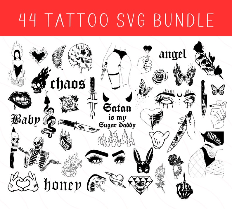Pu&ograve; includere: Un set di 44 disegni di tatuaggi SVG in bianco e nero. I disegni includono una variet&agrave; di immagini, come cuori, teschi, serpenti, farfalle, coltelli, fiamme, occhi e testo. Il testo include frasi come "angelo", "caos", "bambino", "miele", "Satana &egrave; il mio sugar daddy" e "NIRVANA".