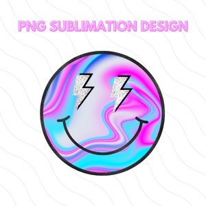Groovy Smiley Face Sublimation Design | Purple & Blue Gradient | Glitter Lightning Bolt