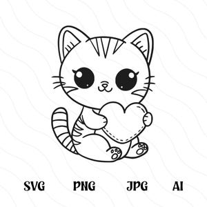 Kitten Svg Png, Kitten Holding Heart SVG Cut File, Cute Cartoon Cat Clipart, Adorable Valentine Kitten, Kitty, Cat Silhouette Cartoon