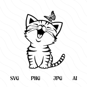 Kitten Svg Png, Kitten Playing With Butterfly SVG Cut File, Cute Cartoon Cat Clipart, Adorable Playful Kitten, Kitty, Cat Silhouette Cartoon