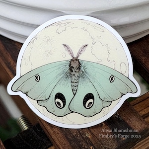 Grüne Motte mit Mond Sticker Geschenk für Ihn Original Fantasy Zeichnung