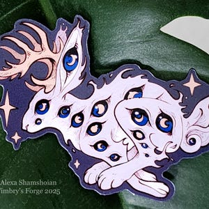 Adesivo de vinil de coelho criptídeo Mad Hare Jackalope Prata Azul Muitos olhos Horror corporal