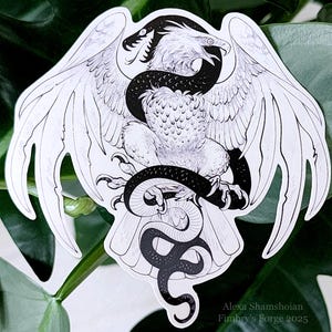 Adler Schlange Aufkleber Geschenk für sie ihn Kind Original Fantasy Monster Zeichnung Vogel und Schlange schwarz und weiß