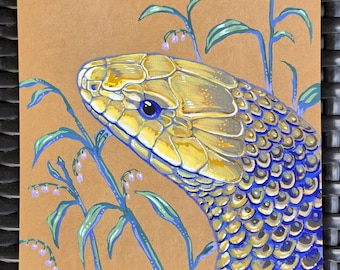 Dibujo original de serpiente de cola amarilla Cribo en cartulina de 6x6 pulgadas.