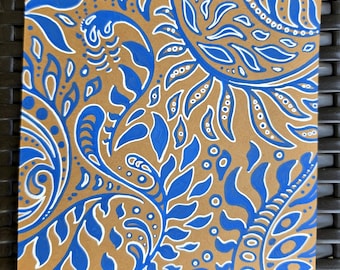 Dibujo artístico original de filigrana mediterránea con estampado paisley psicodélico, cartulina de 6x6 pulgadas.