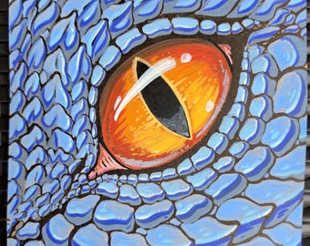 Dibujo original del ojo del dragón azul en cartulina de 6x6 pulgadas.