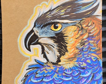 Dibujo original de un águila halcón ornamentada, cartulina de 6x6 pulgadas.