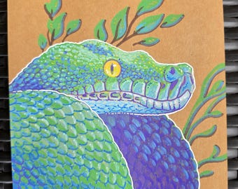 Dibujo artístico original de pitón arborícola verde Chondro sobre cartulina de 6x6 pulgadas.