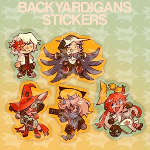 May include: A collection of six cartoon character stickers with the text "BACKYARDIGANS STICKERS" at the top. The stickers feature characters in various outfits, with a variety of colors including red, orange, white, and black.