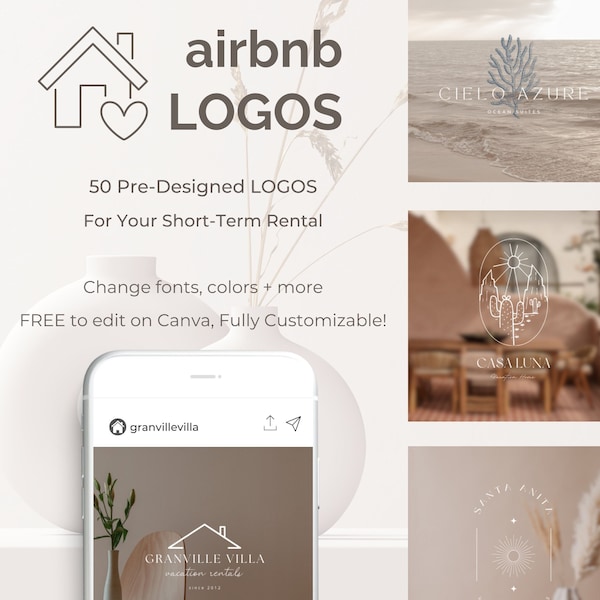 Plantillas de logotipos de Airbnb, plantilla de logotipo de alquiler a corto plazo de Canva VRBO, plantilla de Instagram de bienes raíces, logotipo de alquiler vacacional Logotipo de Beach Mountain