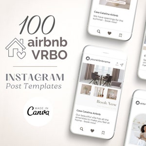 以下が含まれることがあります： Airbnb の賃貸物件のソーシャルメディア投稿をスマートフォン画面でモックアップしたもの。投稿には、テーブルと椅子のあるリビングルームの写真と、「Casa Catalina Airbnb」と「今すぐ予約」というテキストが掲載されています。