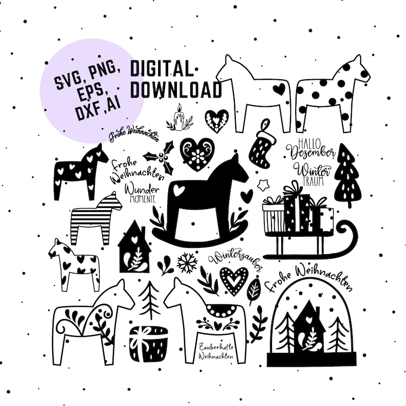 Dala paard Zweeds plotterbestand, Dala paarden Svg, Png, Dxf, Kerstplotterbestand, laserbestand, Duits plotterbestand, Winter Svg Png afbeelding 1