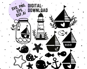 Bundle plotter file seafaring maritime SVG, DXF bundle sea, plotter file anchor rudder, digital stamps, maritime seafaring bundle, lighthouse