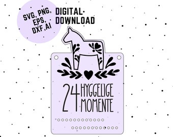 Dalapferd Adventskalender, Dala Horses Svg, Png, Dxf, Hygge Advent laser file, Winter Svg Png, Hyggelige Momente Adventskalender Svg,