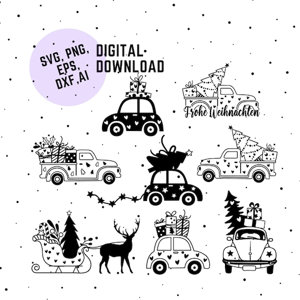 Christmas Truck Baum SVG, Merry Christmas SVG, Cricut, Plotterdatei, Clip Art, Silhouette, Truck Tree retro vintage, Frohe Weihnachten Auto
