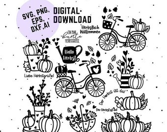 German Autumn Plotter File SVG DXF PNG Hello Fall Greeting Cricut Leaf Silhouette Download Plotter File Set Autumn Pumpkin Sheets svg