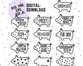 Lucky Pigs svg, png, dxf, New Year's Eve pig German Sayings SVG, New Year Bundle SVG, Clipart New Year's Eve Party, Digital Stamps Pig