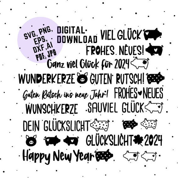 Lucky Pigs Svg, German Happy New Year Candle Tattoo, PDF Template New Year 2024 Plotter File Svg Png Jpg Cricut Silhouette Vinyl Candle