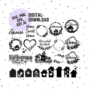 German Home Plotter File, SVG DXF PNG, House, Heart, Love, Botanical, Cricut, Silhouette, Download Plotting Bundle Wreath Clipart Welcome