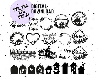 German Home Plotter File, SVG DXF PNG, House, Heart, Love, Botanical, Cricut, Silhouette, Download Plotting Bundle Wreath Clipart Welcome