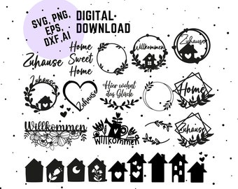 Deutsch Home Plotterdatei, SVG DXF PNG, Haus ,Herz ,Liebe ,botanisch ,Cricut ,Silhouette, Download Plotten Bundle Kranz Clipart Willkommen