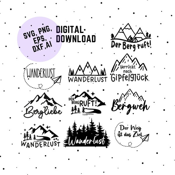 Wanderlust German plotter file, plotter file hiking, vacation sayings, vacation sayings lettering, plotter file, mountain love svg, hiking svg