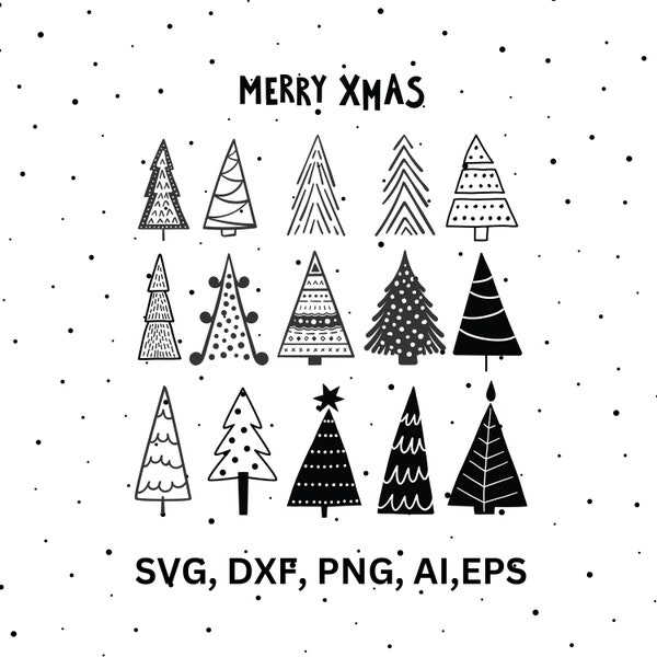 15 Christmas Tree Bundle SVG,Christmastree cut file,Xmas, cricut, Tree,ornaments Doodle, hand drawn, svg,dxf,png,Silhouette,Cricut,