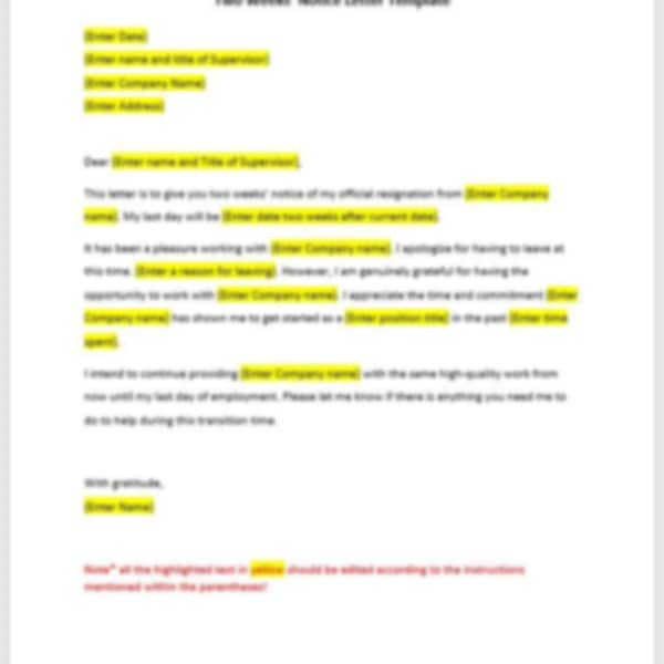 Two Weeks' Notice Letter Template