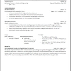 May include: A resume for Tom Doe, a Mechanical Engineering student at the University of  with an expected graduation date of May 2023. The resume includes work experience, skills, awards, and projects.