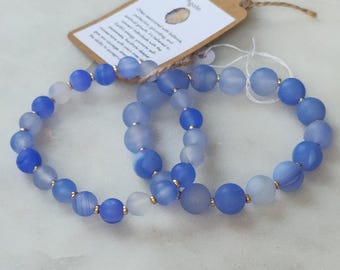 Blue Agate Bracelet Set – Dyed Gemstone Bracelets with Gold Beads – Set of 2 Stretch Bracelets, Handmade Gift for Mom or Friend
