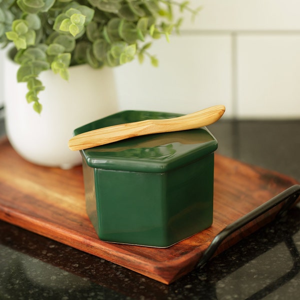 French Butter Crock w/ Lid & Wood Spreading Knife - Glossy Green Butter Keeper - Modern Hexagon Shape Butter Keeper - Stoneware