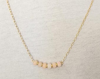 Peach Aventurine Bar Necklace – 21” Paperclip Chain with Gold Beads – Handmade Gemstone Gift for Mom, Birthday, Custom Jewelry