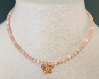 Pink Opal & White Lace Agate Beaded Necklace – 16” Gold Butterfly Charm – Dainty Gemstone Necklace for Mom, Birthday Gift, Custom Jewelry
