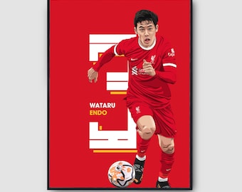 Póster Wataru Endō del Liverpool FC: Arte mural de fútbol con el número 3, impresión de mediocampista japonés, decoración de fútbol con el uniforme rojo, regalo para aficionados y coleccionistas del LFC
