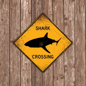 SEÑAL DE CRUCE DE TIBURONES - Señales de cruce de tiburones, tiburones, advertencia de cruce de tiburones, señales de tiburones, decoración de tiburones, Shark Xing, señal amarilla, cruce de tiburones