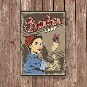 Vintage Barber Shop Metal Sign, Retro Hair Salon Wall Art, Tattooed Woman Barber Decor, Pin Up Barber Poster Gift