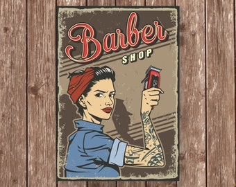 enseigne en métal vintage pour salon de coiffure, art mural de salon de coiffure rétro, décoration de barbier femme tatouée, cadeau affiche de barbier pin up