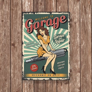 Witamy w Garage Metal Sign – Retro Pin-Up Mechanic Wall Art, Vintage Car Workshop Decor, 24 Hour Service Poster