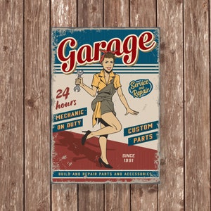Metalowy znak garażowy Vintage – sztuka ścienna Retro Mechanic Pin-Up, 24-godzinny serwis i dekoracja warsztatu naprawczego
