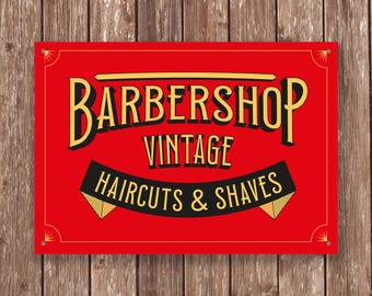Vintage Barbershop Sign, Red and Gold Haircuts and Shaves Wall Art, Retro Barber Metal Plaque