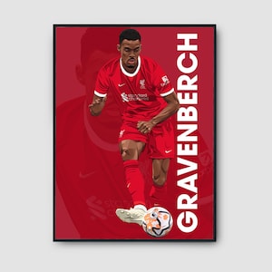 May include: A digital illustration of a soccer player in a red and white uniform with the text "GRAVENBERCH" in white on a red background.