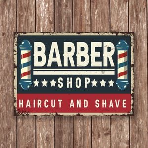 Barber Shop Haircut and Shave Sign, Vintage Metal Wall Art with Barber Poles, Retro Barbershop Decor