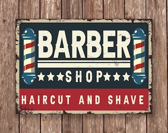 Barber Shop Haircut and Shave Sign, Vintage Metal Wall Art with Barber Poles, Retro Barbershop Decor