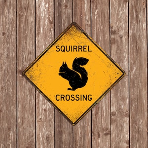 May include: A yellow warning sign with black text and a silhouette of a squirrel. The sign reads "Squirrel Crossing".