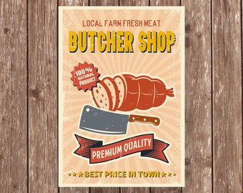Butcher Shop Sign, Vintage Looking Rustic Meat Deli Sign, Beef